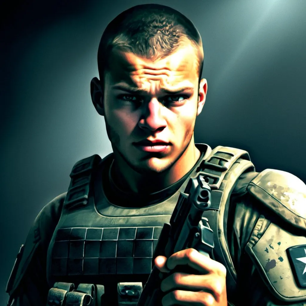 Prompt: realistic digital painting of a soldier from a game, realistic details, immersive gaming setup, high quality, photorealistic, dramatic lighting, intense focus, gaming scene, modern technology, gaming peripherals, atmospheric lighting, realistic colors, high resolution, detailed facial expression, professional artwork