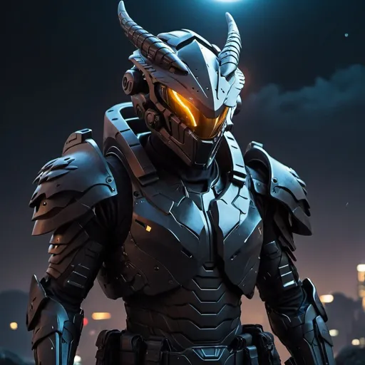 Prompt: night ops, futuristic armor, atmospheric background, futuristic guns, dragon shaped helmet, 