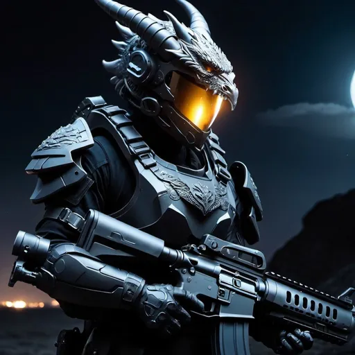 Prompt: night ops, futuristic armor, atmospheric background, guns, dragon shaped helmet