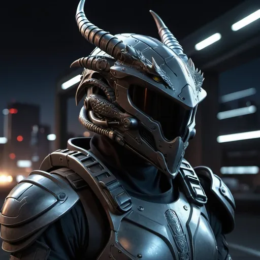 Prompt: Photorealistic image of futuristic night ops with dragon-shaped helmet, atmospheric background, detailed futuristic armor, weapons, high-quality, photorealism, futuristic, atmospheric lighting, detailed dragon helmet, night setting, futuristic armor, guns