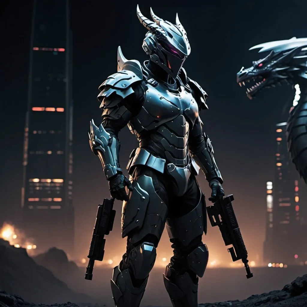 Prompt: night ops, futuristic armor, atmospheric background, guns, dragon shaped helmet, full body