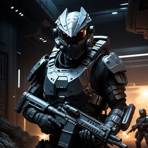 Prompt: Realistic night ops scene with futuristic armor, atmospheric background, guns, dragon-shaped helmet, detailed weaponry, tactical environment, high quality, realistic style, atmospheric lighting, futuristic technology, detailed armor, professional, combat-ready, intense atmosphere, stealthy, tactical gear, futuristic design, nighttime setting, detailed environment
