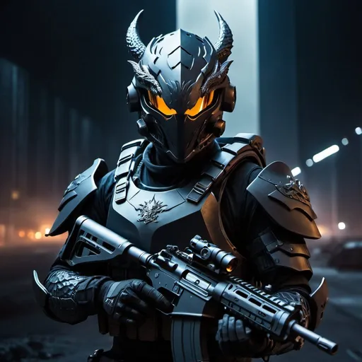 Prompt: night ops, futuristic armor, atmospheric background, guns, dragon shaped helmet