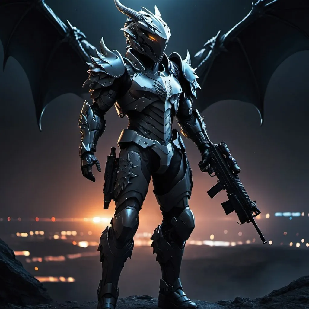 Prompt: night ops, futuristic armor, atmospheric background, guns, dragon shaped helmet, full body
