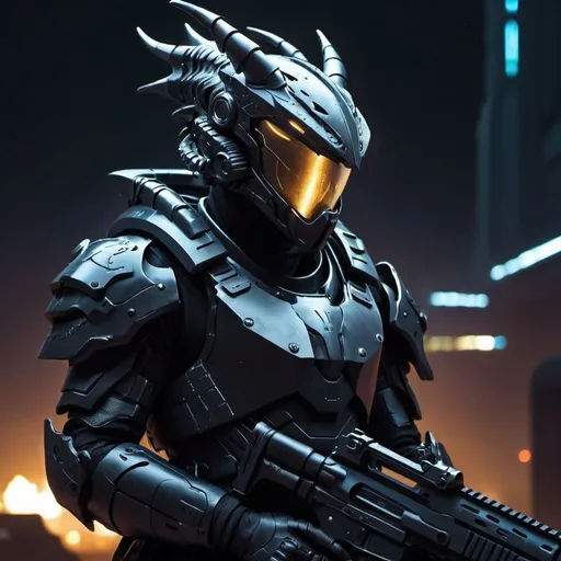 Prompt: night ops, futuristic armor, atmospheric background, futuristic guns, dragon shaped helmet, 