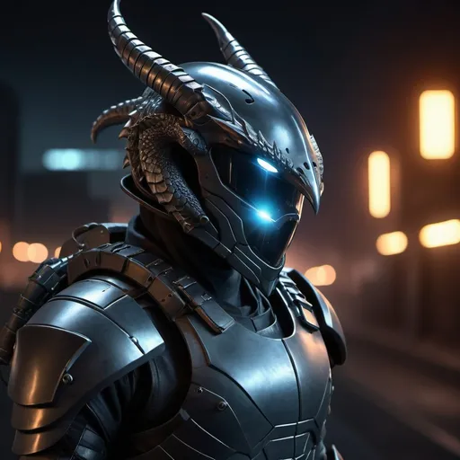 Prompt: Photorealistic image of futuristic night ops with dragon-shaped helmet, atmospheric background, detailed futuristic armor, weapons, high-quality, photorealism, futuristic, atmospheric lighting, detailed dragon helmet, night setting, futuristic armor, guns