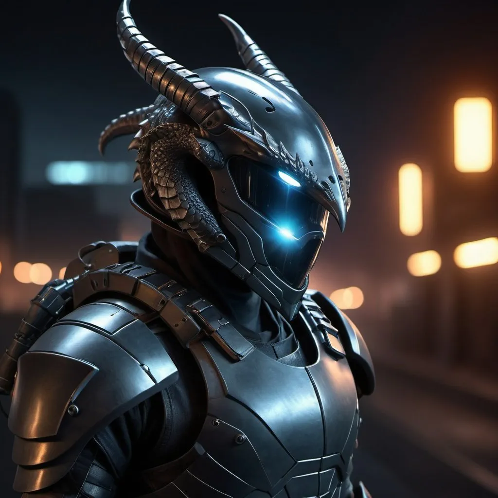 Prompt: Photorealistic image of futuristic night ops with dragon-shaped helmet, atmospheric background, detailed futuristic armor, weapons, high-quality, photorealism, futuristic, atmospheric lighting, detailed dragon helmet, night setting, futuristic armor, guns