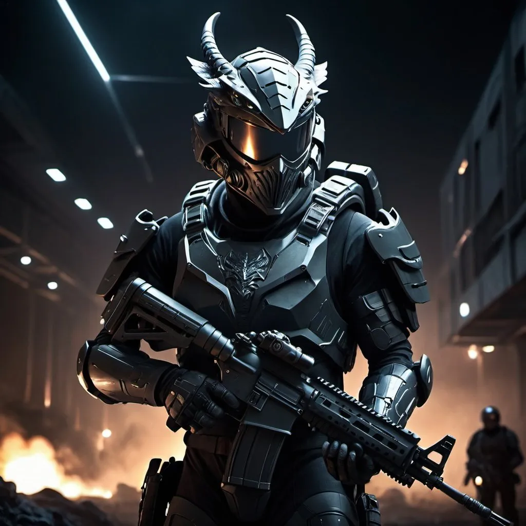 Prompt: Realistic night ops scene with futuristic armor, atmospheric background, guns, dragon-shaped helmet, detailed weaponry, tactical environment, high quality, realistic style, atmospheric lighting, futuristic technology, detailed armor, professional, combat-ready, intense atmosphere, stealthy, tactical gear, futuristic design, nighttime setting, detailed environment