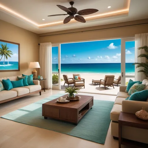 Prompt: I want an image to visualize the quote "Paradise weather indoors" and have it show a nice living room opening up to a beach 