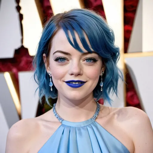 Prompt: Emma stone with blue mullet, blue eyes, flowing blue hair, smiling lips with blue lipstick, blue dress, blue makeup, blue eyeshadow.



