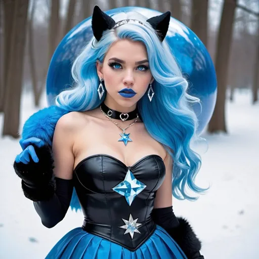 Prompt: Black canary, Heavy snow, Giant Blue Orb in Sky, Long Straight Blue hair, Ice crystal tiara, Thick bushy blue eyebrows, medium sized nose, plump diamond shape face,  Blue lipstick, ethereal blue eyes, Triangle Star earrings, soft ears, Large blue plastic chain around neck, Blue heart necklaces, blue candy shaped rings, Large blue fur coat with blue plastic gloves. Long Blue Skirt with moons.