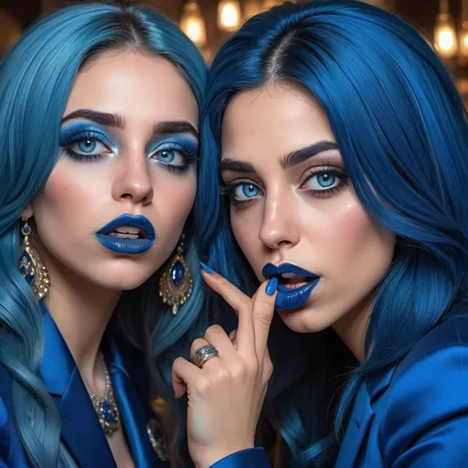 Prompt: a picture of 2 arab women with long blue hair, posing together large blue eyes wearing blue suits, blue eyeshadow, and blue lipstick coughing at the camera, blue makeup, jewerly on hands, Artgerm, fantasy art, realistic shaded perfect blue face, a detailed painting, Obey screens background, 30 years old, blue lipstick 