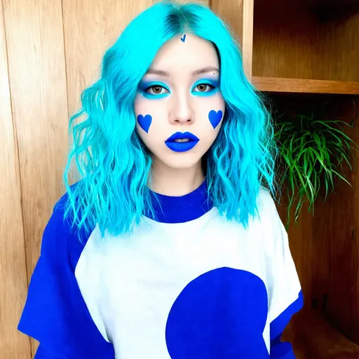 Prompt: Portrait-style image featuring a person with vibrant blue hair styled in loose waves. The individual has light skin and is wearing bold blue makeup, including blue lipstick, blue eyeshadow, and blue face paint in the shape of hearts and dots on their cheeks. They are dressed in a white and blue top with a large blue heart design on the chest. The background includes a wooden shelf and green plants, adding a natural element to the setting. The overall aesthetic is colorful and artistic, with a strong emphasis on the blue color theme.