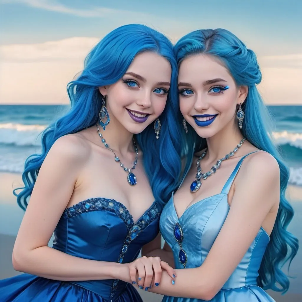 Prompt: a picture of 2 women with long blue hair, posing together large blue eyes wearing blue dresses, blue eyeshadow, and blue lipstick smiling at the camera, blue makeup, jewerly on hands, Artgerm, fantasy art, realistic shaded perfect blue face, a detailed painting, icy sea background, 18 years old, blue lipstick 