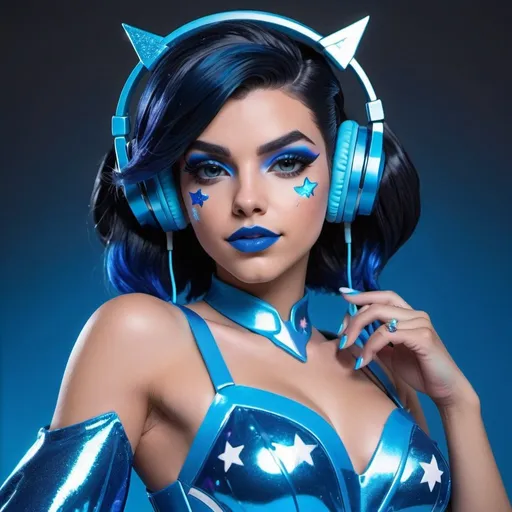 Prompt: 2020s, Sombra Overwatch as a female popstar wearing a blue headphones, aqua blue lipstick, glossy and sparkling lips, blue makeup including blue eyeshadow and blue blush, dark blue hair, blue eyebrows, blue eyes, colourised, blue plastic gown, full body shot, photography, blue hearts and stars, euphoric.