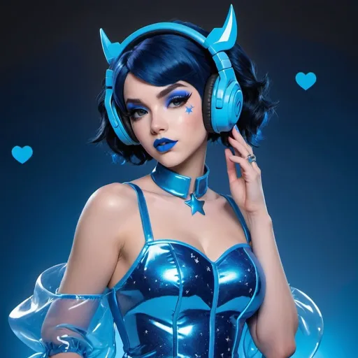 Prompt: 2020s, Mei Overwatch as a female popstar wearing a blue headphones, aqua blue lipstick, glossy and sparkling lips, blue makeup including blue eyeshadow and blue blush, dark blue hair, blue eyebrows, blue eyes, colourised, blue plastic gown, full body shot, photography, blue hearts and stars, euphoric.