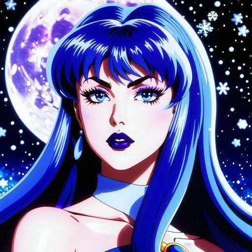Prompt: Sailor Saturn from sailor moon
, blue hair swirling wildly,
, with blue snowy aura around her, blue lipstick,  cold void eyes, casting a blue spell,,