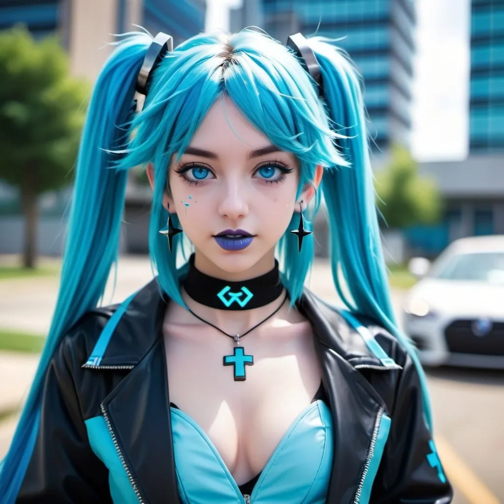 Prompt: Hatsune Miku, blue choker, blue eyes, blue hair, blurry, blurry background, building, car, choker, cross, blue cross earrings, depth of field, blue heart earrings, blue eyeshadow, ground vehicle, jacket, jewelry, k/da \(league of legends\), lips, blue lipstick, long blue hair, looking at viewer, makeup, motor vehicle, photo \(medium\), piercing, solo, star \(symbol\), blue star earrings, star print