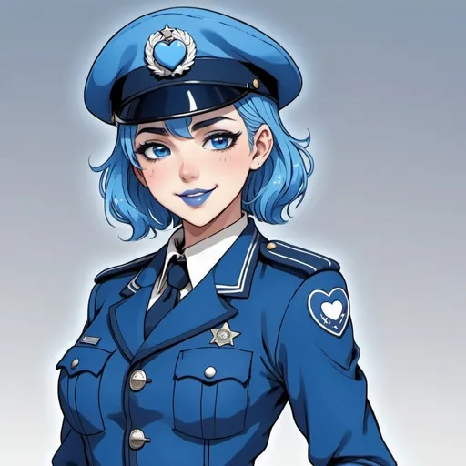 Prompt: 2010s, female officer wearing a blue beret, blue lipstick, blue makeup including blue eyeshadow and blue blush, blue hair, blue eyebrows, blue eyes, colourised, blue uniform beret, full body shot, anime lineart style, blue hearts and starssoft smile.