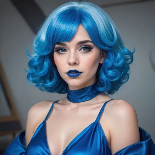 Prompt: a woman with blue hair and makeup is posing for a picture in a blue dress and blue lipstick is wearing a blue wig, Artgerm, retrofuturism, blue, a character portrait