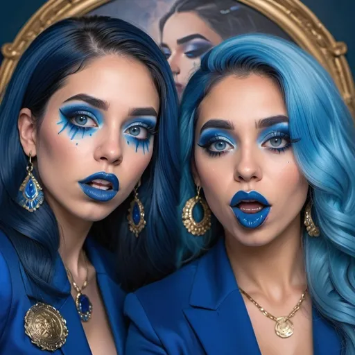 Prompt: a picture of 2 hispanic women with long blue hair, posing together large blue eyes wearing blue suits, blue eyeshadow, and blue lipstick coughing at the camera, blue makeup, jewerly on hands, Artgerm, fantasy art, realistic shaded perfect blue face, a detailed painting, Obey screens background, 30 years old, blue lipstick 