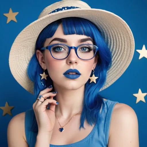 Prompt: 2010s,  female wearing blue sun hat, blue lipstick, blue makeup including blue eyeshadow and blue blush, blue hair, blue eyebrows, blue glasses, blue eyes, colourised, blue skirts, blue nails, full body shot, photography, blue hearts and stars earrings, neutral expression.