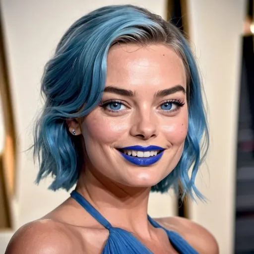 Prompt: Margot Robbie with blue mullet, blue eyes, flowing blue hair, smiling lips with blue lipstick, blue dress, blue makeup, blue eyeshadow.




