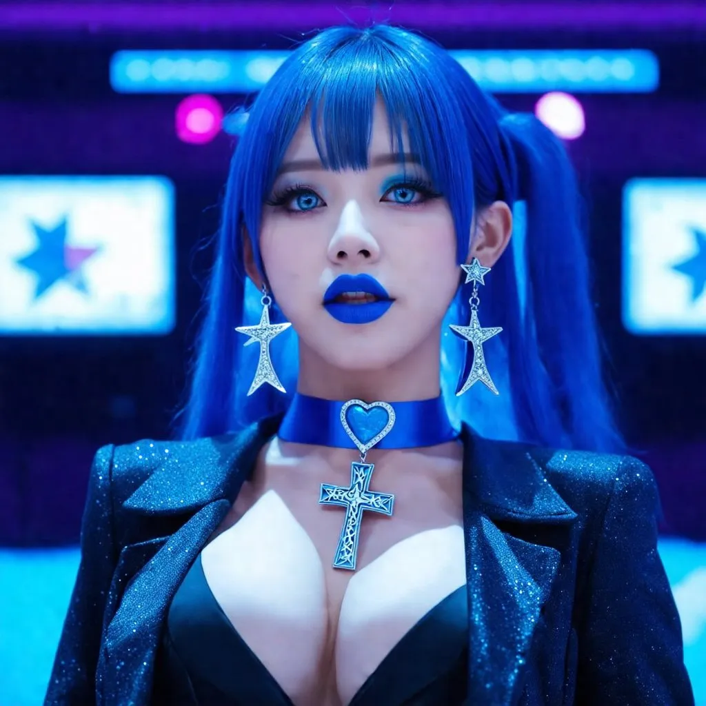 Prompt: 2020s, Japanese women, blue choker, blue eyes, blue hair, blurry, blurry background, disco, party, choker, cross, blue cross earrings, depth of concert hall, blue heart earrings, blue eyeshadow, blue lights, jacket, jewelry, k/da \(league of legends\), lips, blue lipstick, long blue hair, looking at viewer, makeup, tv screens, photo \(medium\), piercing, solo, star \(symbol\), blue star earrings, star print, bigbreast