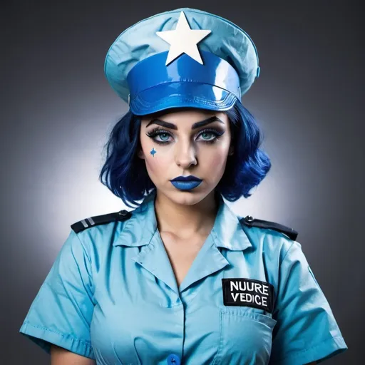 Prompt: 2010s, Egyptian female medic wearing a blue nurse hat, blue lipstick, blue makeup including blue eyeshadow and blue blush, blue hair, blue eyebrows, blue eyes, colourised, blue quarantine suit, full body shot, photography, blue hearts and stars, serious face.