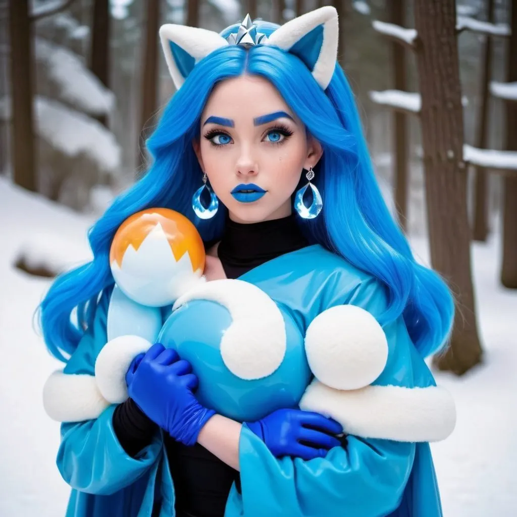 Prompt: kim possible, Heavy snow, Giant Blue Orb in Sky, Long Straight Blue hair, Ice crystal tiara, Thick bushy blue eyebrows, medium sized nose, plump diamond shape face,  Blue lipstick, ethereal blue eyes, Triangle Star earrings, soft ears, Large blue plastic chain around neck, Blue heart necklaces, blue candy shaped rings, Large blue fur coat with blue plastic gloves. Long Blue Skirt with moons.