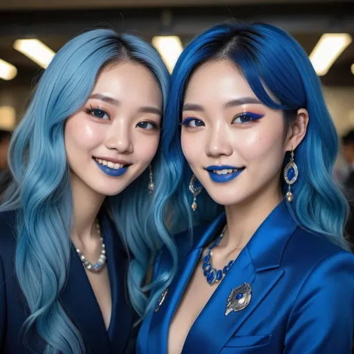 Prompt: a picture of 2 korean women with long blue hair, posing together large blue eyes wearing blue suits, blue eyeshadow, and blue lipstick, closed smiles at the camera, blue makeup, jewelry on hands, Artgerm, fantasy art, realistic shaded perfect blue face, a detailed painting, modern newsroom background, 30 years old, blue lipstick 