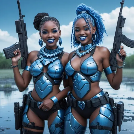 Prompt: Two black women holding a m-4 rifle, blue lipstick, flooded marsh, blue heart necklaces, Thick blue soldier armor, smile face, blue spiral eyes, blue eyeshadow, long ice earrings. Cold color scheme, ultradetailed, 8k resolution, perfect, smooth, high quality, shiny. 