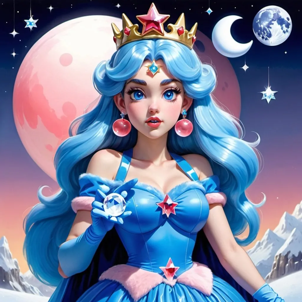 Prompt: Princess peach, Heavy snow, Giant Blue Orb in Sky, Long Straight Blue hair, Ice crystal tiara, Thick bushy blue eyebrows, medium sized nose, plump diamond shape face,  Blue lipstick, ethereal blue eyes, Triangle Star earrings, soft ears, Large blue plastic chain around neck, Blue heart necklaces, blue candy shaped rings, Large blue fur coat with blue plastic gloves. Long Blue Skirt with moons.