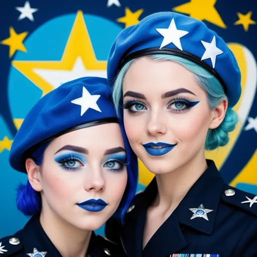 Prompt: 2010s,  two female officers wearing a blue beret, blue lipstick, blue makeup including blue eyeshadow and blue blush, blue hair, blue eyebrows, blue eyes, colourised, blue uniform beret, full body shot, photography, blue hearts and stars soft smile.