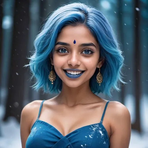 Prompt: Indian women with blue lips, blue hair straight hair, blue dress, blue snowy aura, expressive eyes, round chest, animated style, cool color scheme, highres, detailed, atmospheric lighting, lipstick balm in hands, large smile.
