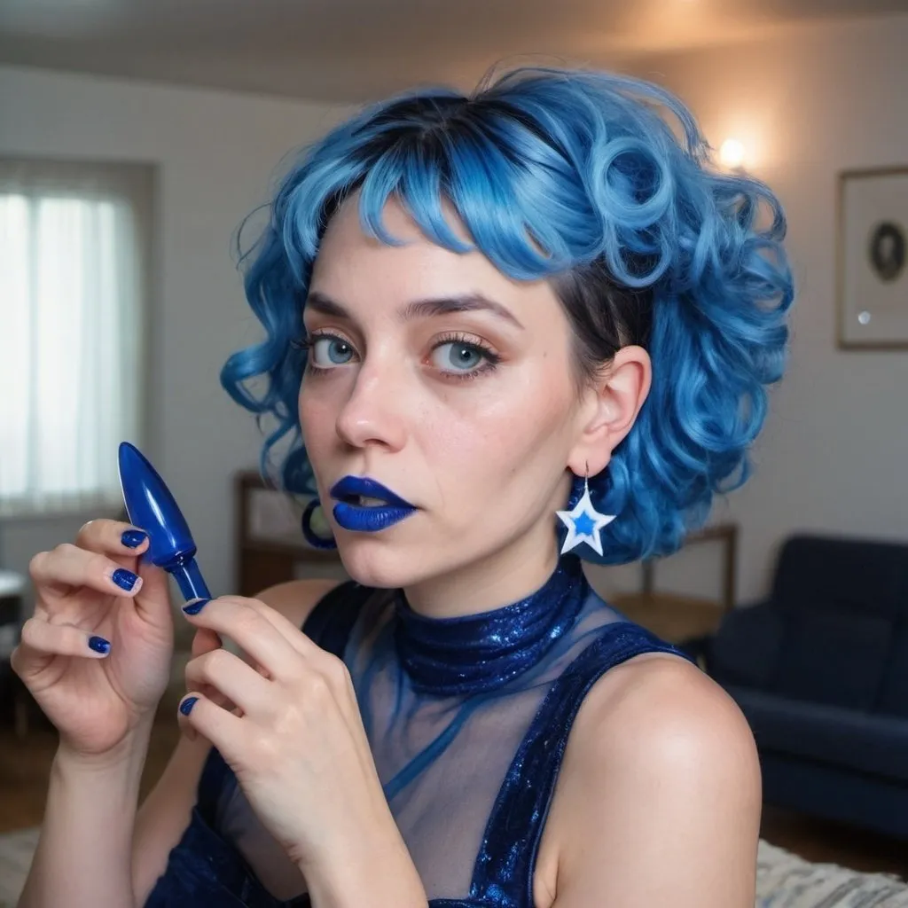 Prompt: 30 year old woman, mother, in living room, blue lipstick, blue hair, Puffy face, long ice nails, Spiral earrings, dark blue plastic dress, blue Star Patch, glowing spoon.  