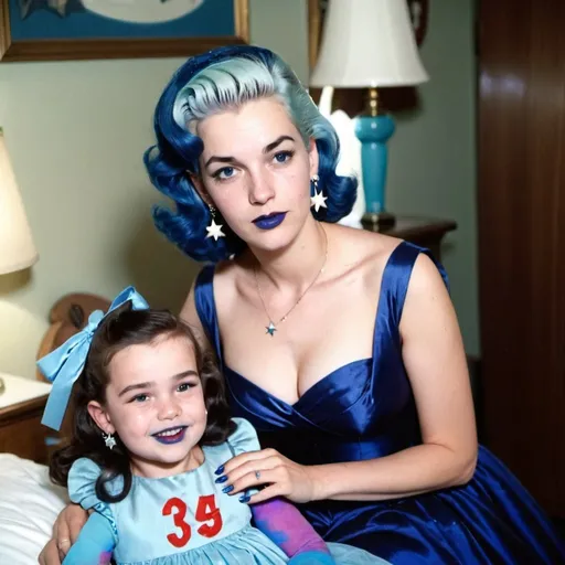 Prompt: 1950s, 23 year old white woman, mother, in bedroom, blue lipstick, blue hair, Puffy face, slight smile, long ice nails, blu earrings, dark blue gown, blue Star Patch,  holding daughter in blue mini dress