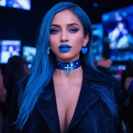 Prompt: 2020s, Olivia Rodrigo , blue choker, blue eyes, blue hair, blurry, blurry background, disco, party, choker, cross, blue cross earrings, depth of concert hall, blue heart earrings, blue eyeshadow, blue lights, jacket, jewelry, k/da \(league of legends\), lips, blue lipstick, long blue hair, looking at viewer, makeup, tv screens, photo \(medium\), piercing, solo, star \(symbol\), blue star earrings, star print, 