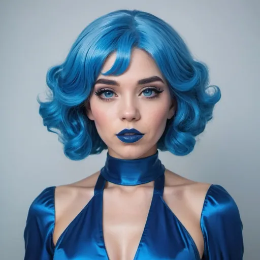 Prompt: a woman with blue hair and makeup is posing for a picture in a blue dress and blue lipstick is wearing a blue wig, Artgerm, retrofuturism, blue, a character portrait