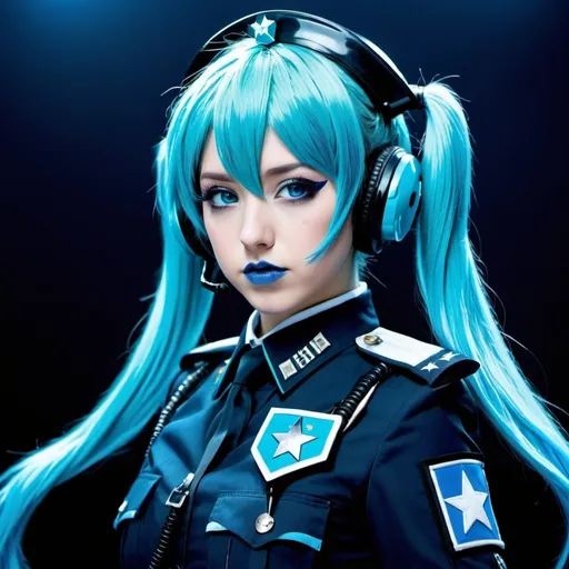 Prompt: 2010s, hatsune miku as a female officer wearing a blue riot helmet, blue lipstick, blue makeup including blue eyeshadow and blue blush, blue hair, blue eyebrows, blue eyes, colourised, blue riot gear, full body shot, photography, blue hearts and stars, coughing.