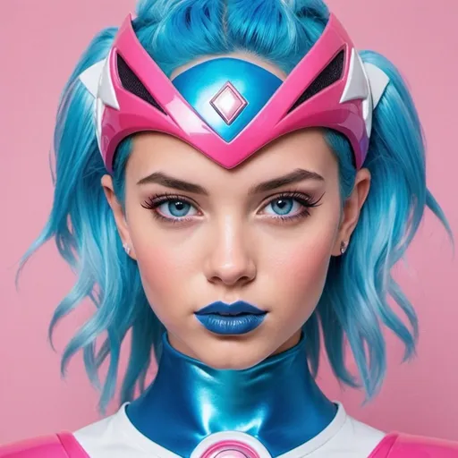 Prompt: Pink power ranger bimbo hypnotic  blue lips blue hair blue eyes