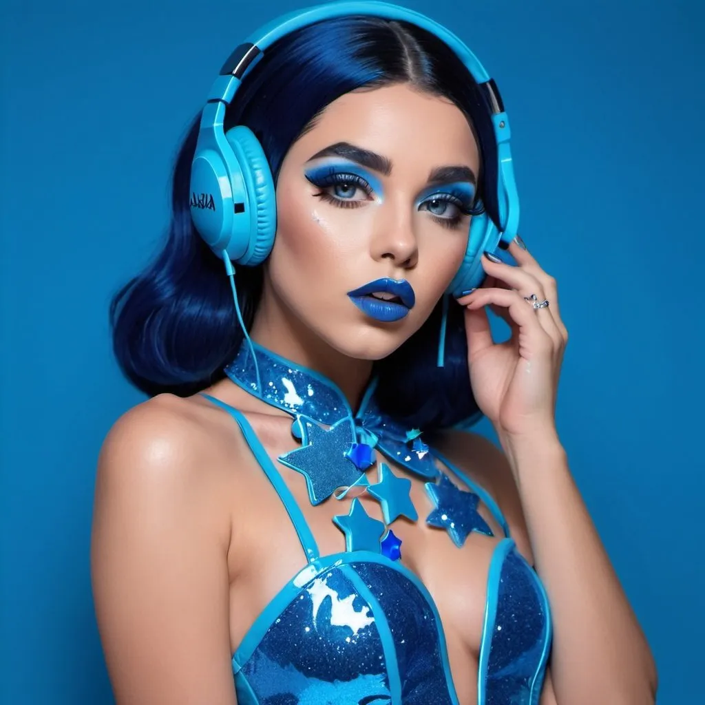 Prompt: 2020s, Saataa Andagii as a female popstar wearing a blue headphones, aqua blue lipstick, glossy and sparkling lips, blue makeup including blue eyeshadow and blue blush, dark blue hair, blue eyebrows, blue eyes, colourised, blue plastic gown, full body shot, photography, blue hearts and stars, euphoric.