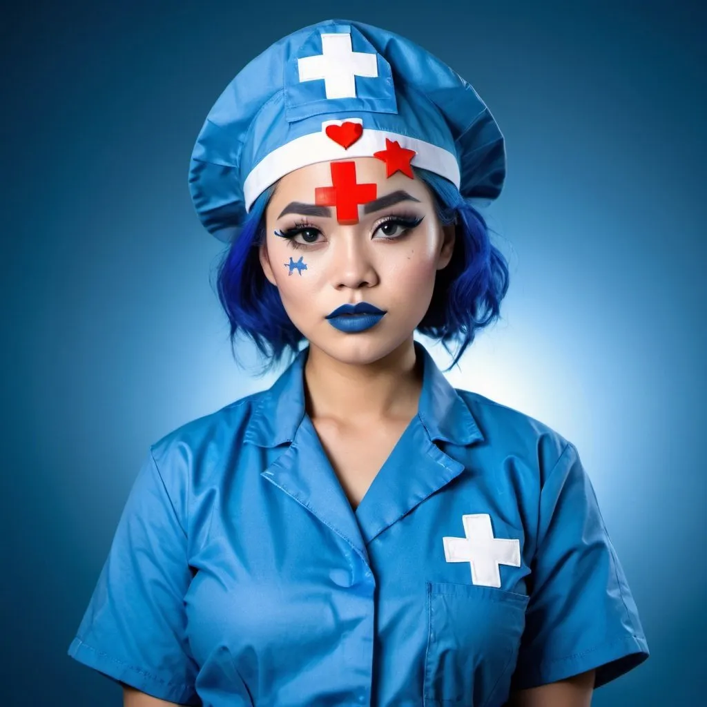 Prompt: 2010s, Filipino female medic wearing a blue nurse hat, blue lipstick, blue makeup including blue eyeshadow and blue blush, blue hair, blue eyebrows, blue eyes, colourised, blue quarantine suit, full body shot, photography, blue hearts and stars, serious face.