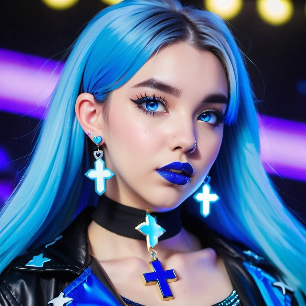 Prompt: 2020s, women, blue choker, blue eyes, blue hair, blurry, blurry background, disco, party, choker, cross, blue cross earrings, depth of concert hall, blue heart earrings, blue eyeshadow, blue lights, jacket, jewelry, k/da \(league of legends\), lips, blue lipstick, long blue hair, looking at viewer, makeup, tv screens, photo \(medium\), piercing, solo, star \(symbol\), blue star earrings, star print