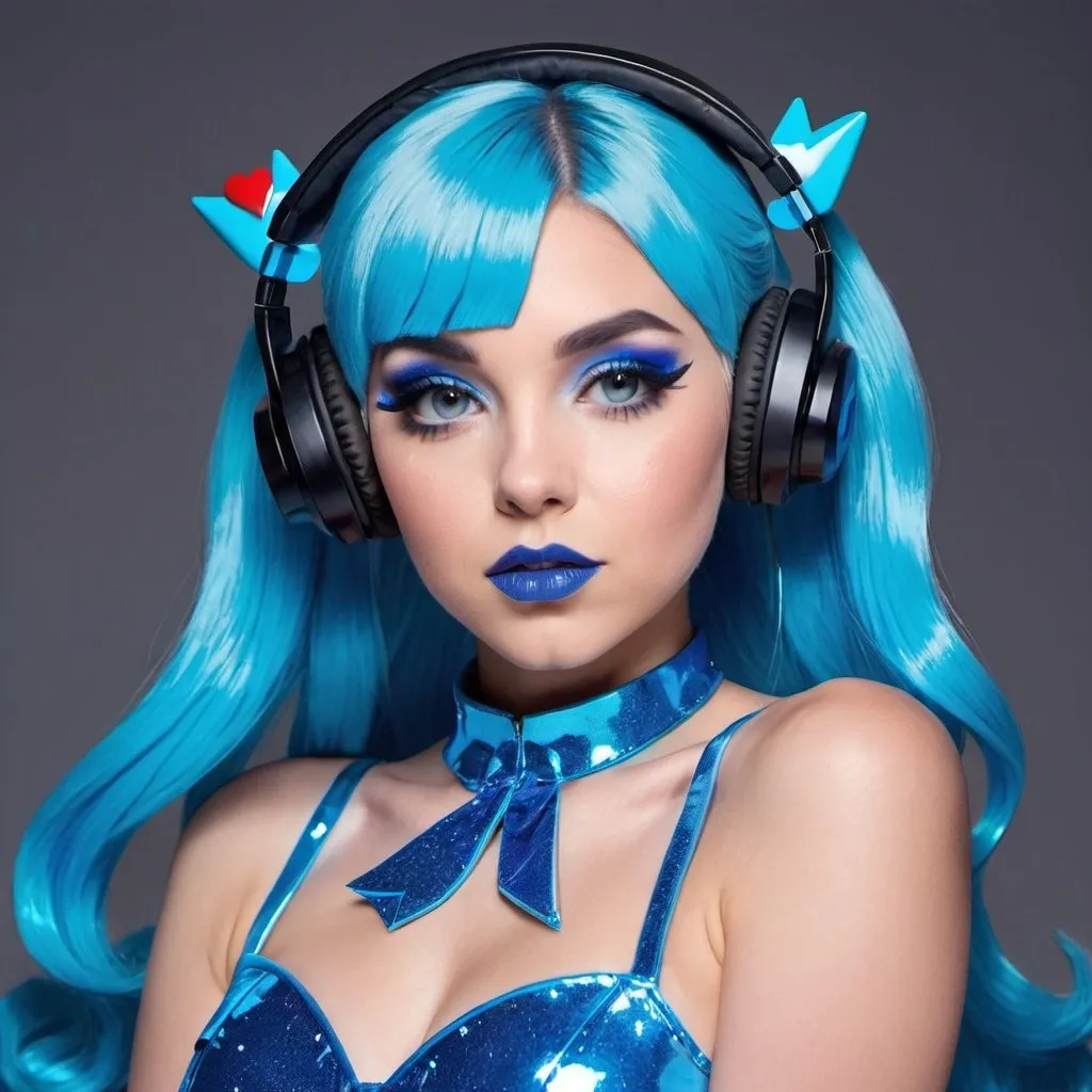 Prompt: 2020s, Dawn Pokemon as a female popstar wearing a blue headphones, aqua blue lipstick, glossy and sparkling lips, blue makeup including blue eyeshadow and blue blush, dark blue hair, blue eyebrows, blue eyes, colourised, blue plastic gown, full body shot, photography, blue hearts and stars, euphoric.