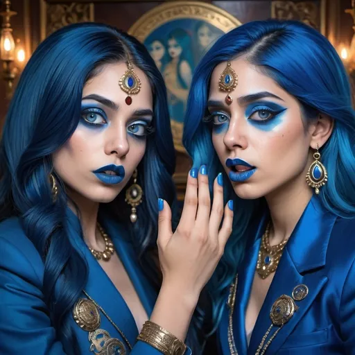 Prompt: a picture of 2 indiam women with long blue hair, posing together large blue eyes wearing blue suits, blue eyeshadow, and blue lipstick coughing at the camera, blue makeup, jewerly on hands, Artgerm, fantasy art, realistic shaded perfect blue face, a detailed painting, Obey screens background, 30 years old, blue lipstick 