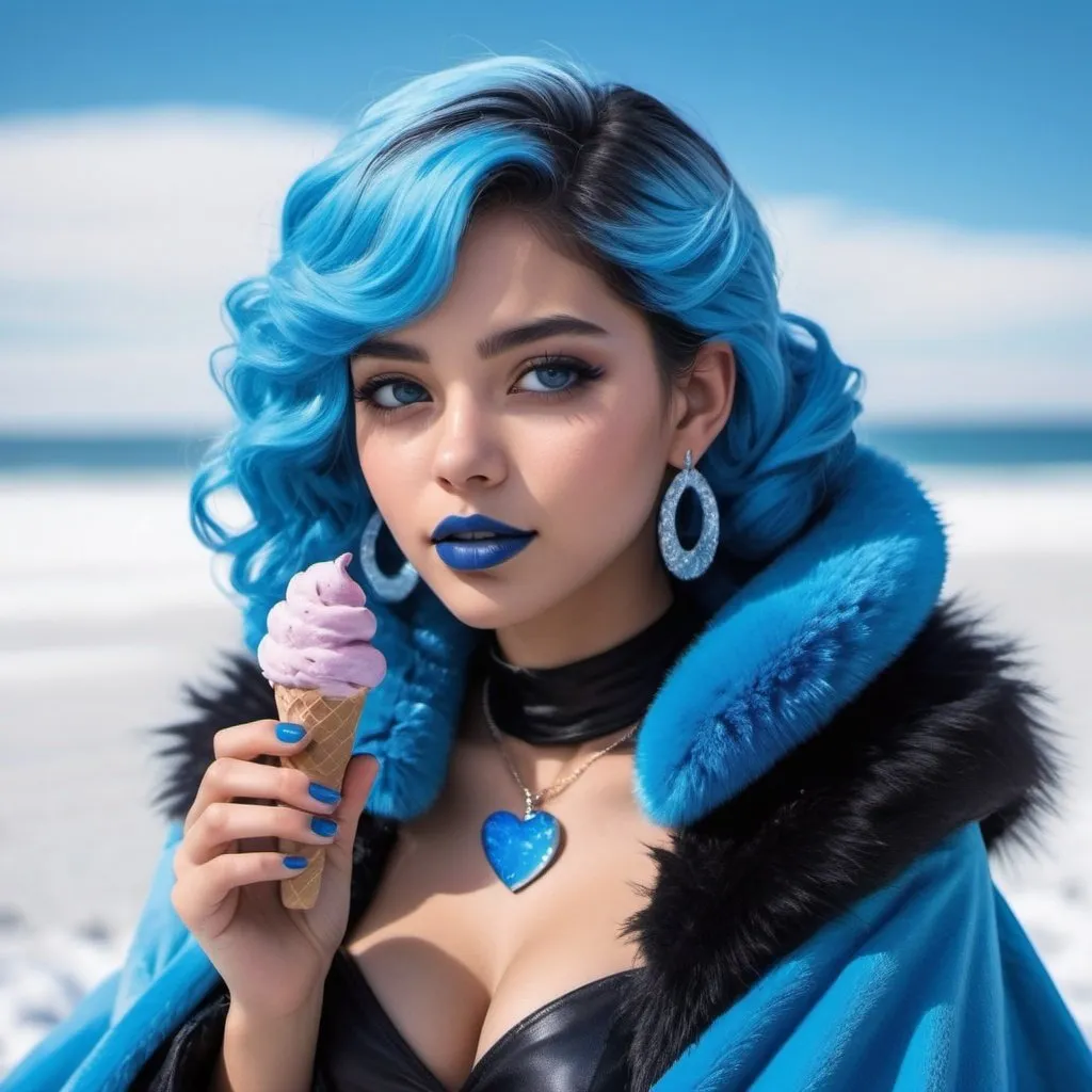 Prompt: Latina eating candy ice cream, blue lipstick, snowy beach, blue heart necklaces, Thick blue fur coat, Black Cape, pleasant face, blue spiral eyes, blue eyeshadow, long ice earrings. Cold color scheme, ultradetailed, 8k resolution, perfect, smooth, high quality, shiny. 