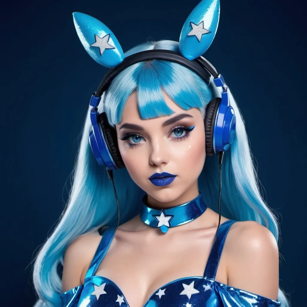 Prompt: 2020s, Dawn Pokemon as a female popstar wearing a blue headphones, aqua blue lipstick, glossy and sparkling lips, blue makeup including blue eyeshadow and blue blush, dark blue hair, blue eyebrows, blue eyes, colourised, blue plastic gown, full body shot, photography, blue hearts and stars, euphoric.