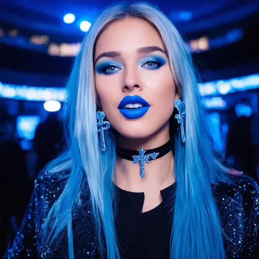 Prompt: 2020s, Kayleigh Mcenany , blue choker, blue eyes, blue hair, blurry, blurry background, disco, party, choker, cross, blue cross earrings, depth of concert hall, blue heart earrings, blue eyeshadow, blue lights, jacket, jewelry, k/da \(league of legends\), lips, blue lipstick, long blue hair, looking at viewer, makeup, tv screens, photo \(medium\), piercing, solo, star \(symbol\), blue star earrings, star print, 