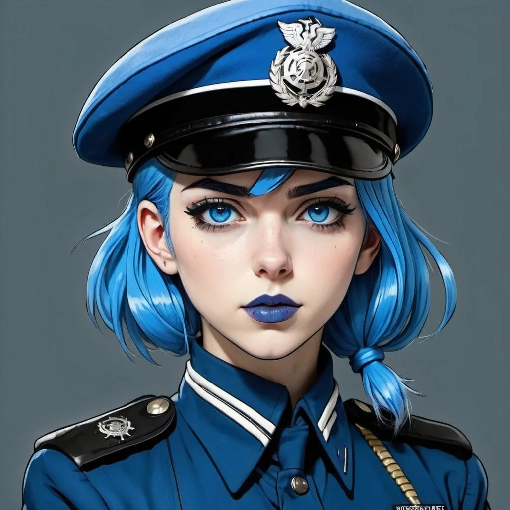 Prompt: Anime Dieselpunk female officer wearing a blue beret, blue lipstick, blue hair, blue eyebrows, blue eyes, colourised, blue uniform beret, full body shot, anime lineart style, 